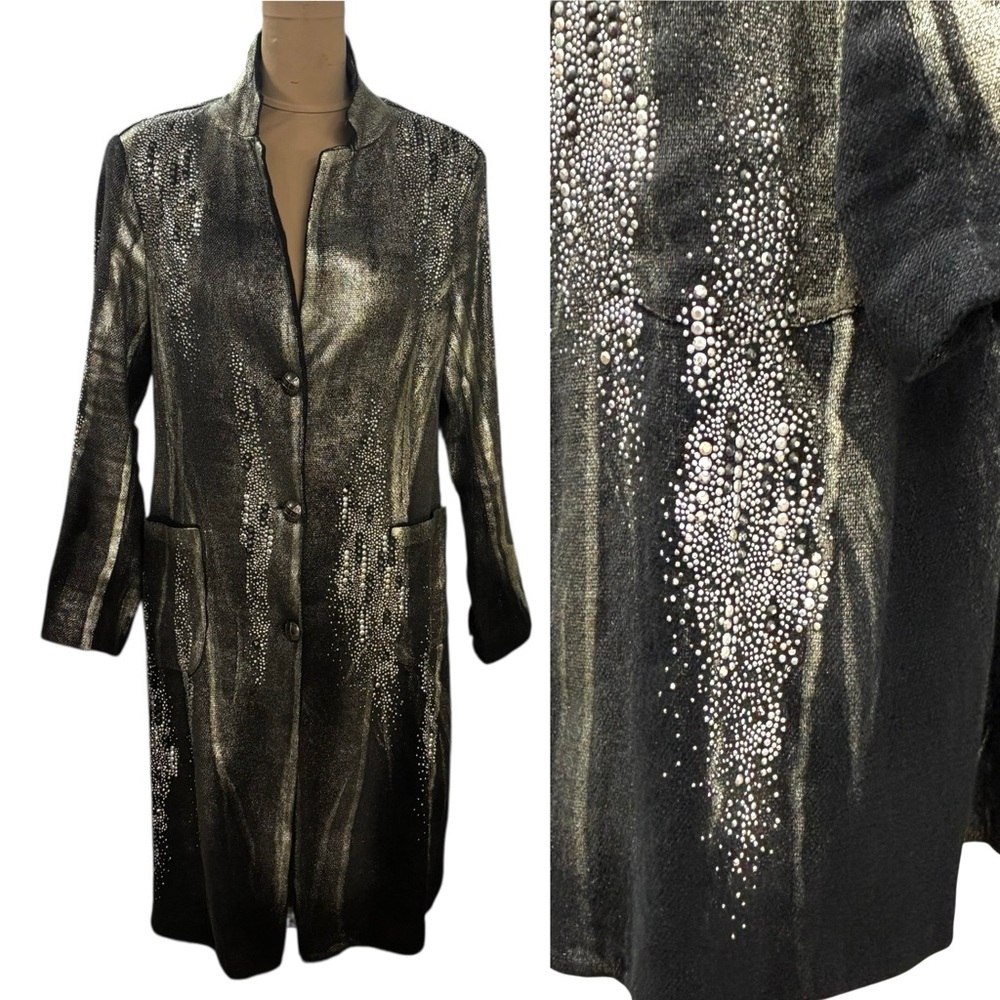 LIAPULL LINEN/Cashmere Coat with silver, gold artistic embellishments sz 14